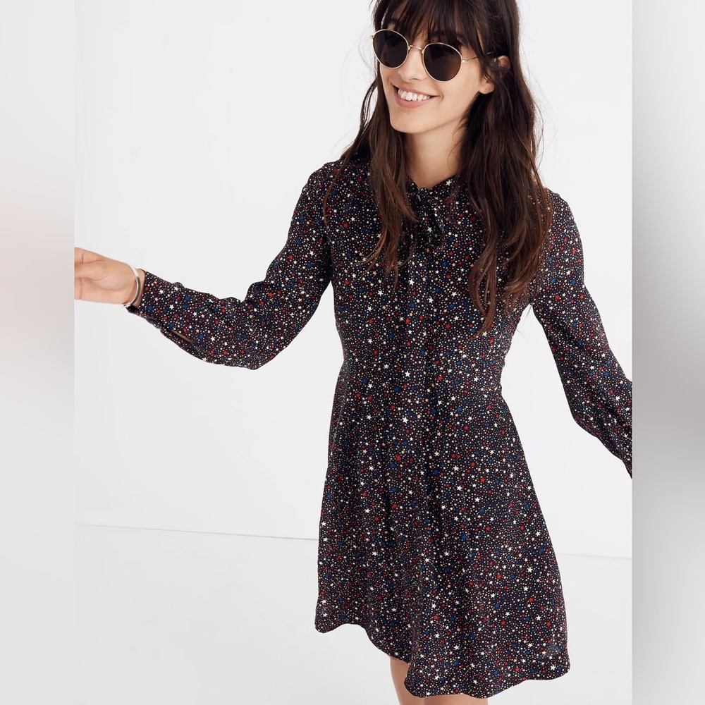 Madewell Balsam Tie-Neck Dress in Starry Night